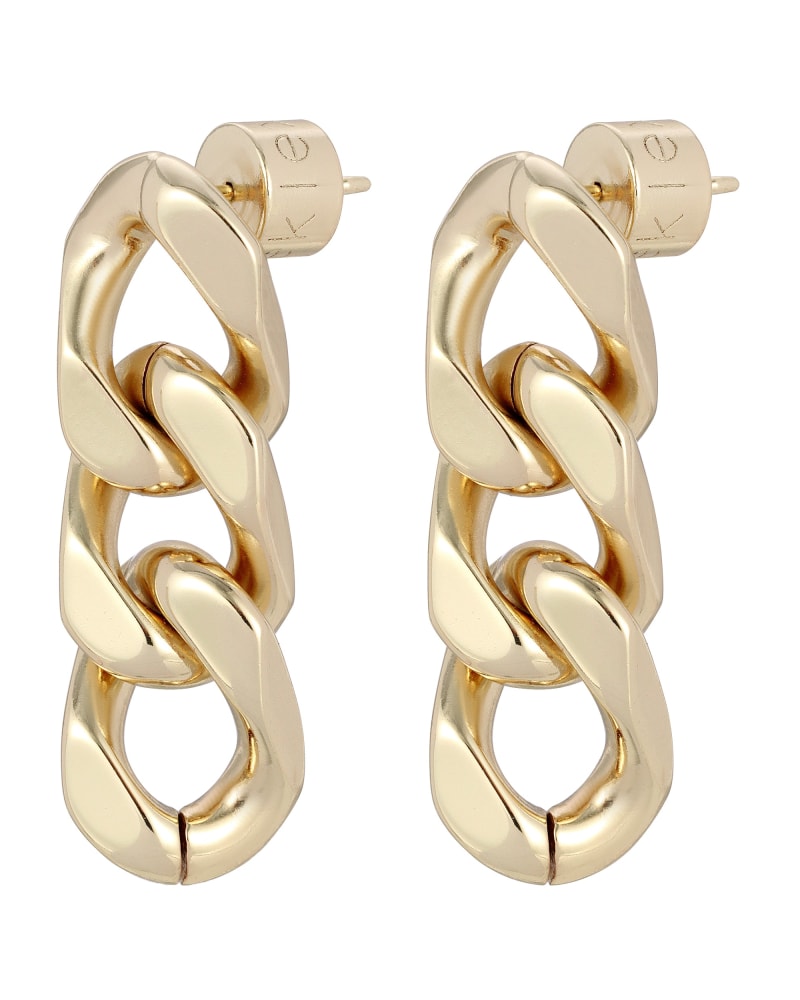 Front of a size one-size-fits-all Taraji 3 Link Drop Earrings Gold in Gold by Eklexic. | dia_product_style_image_id:282769